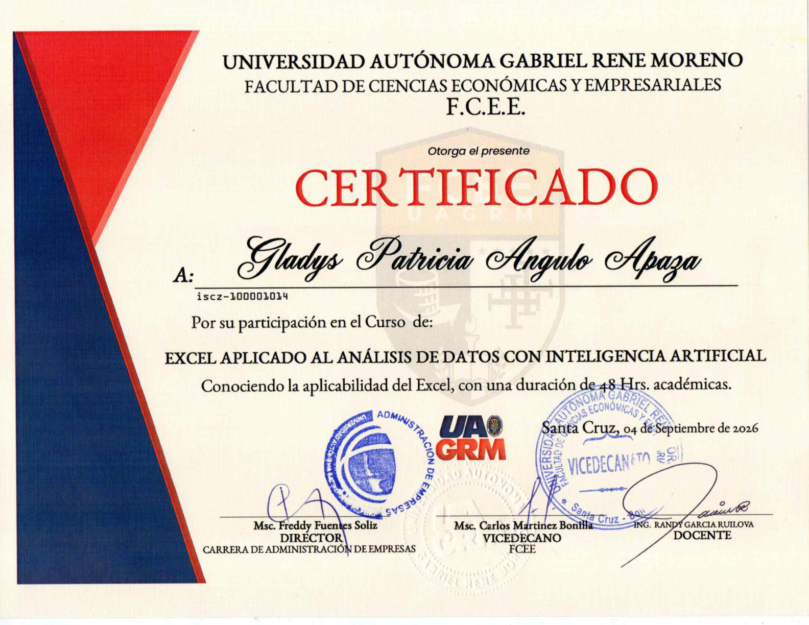 Muestra de certificado UAGRM de Excel aplicado al análisis de datos con inteligencia artificial, septiembre de 2026