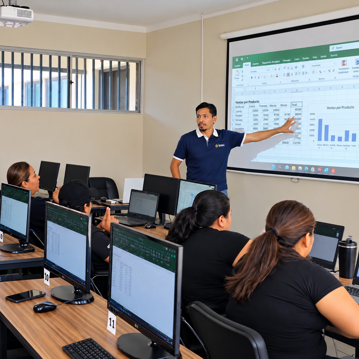 Explicación del docente frente al grupo y una proyección de Excel