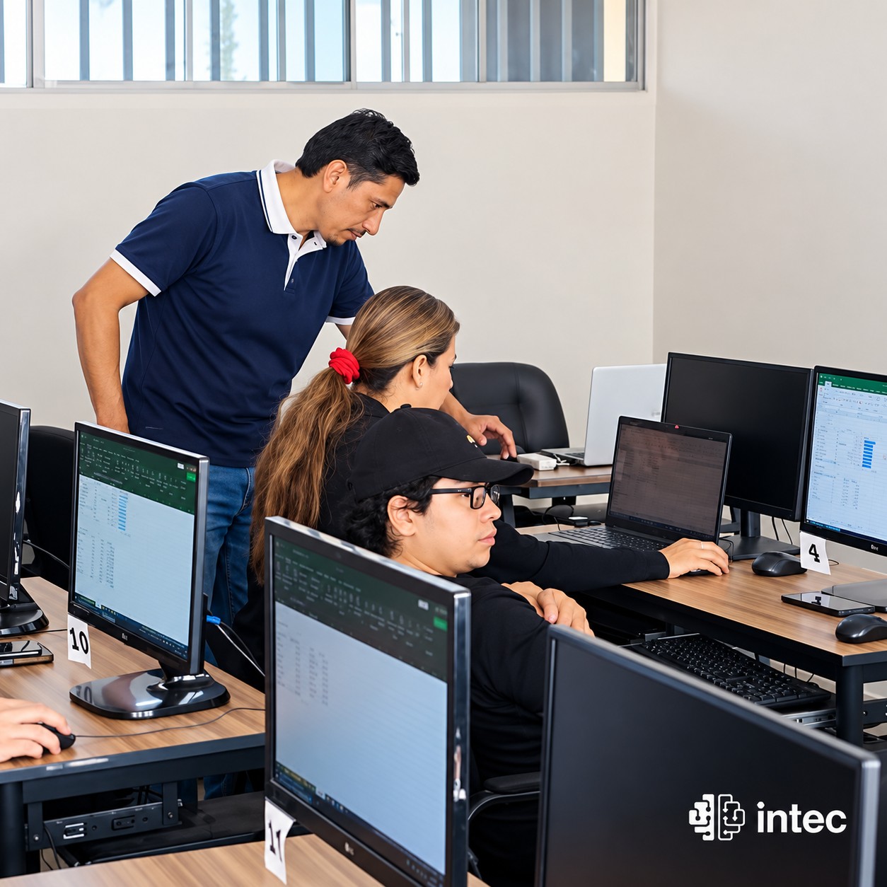 Docente orientando a una alumna mientras practica en su computadora